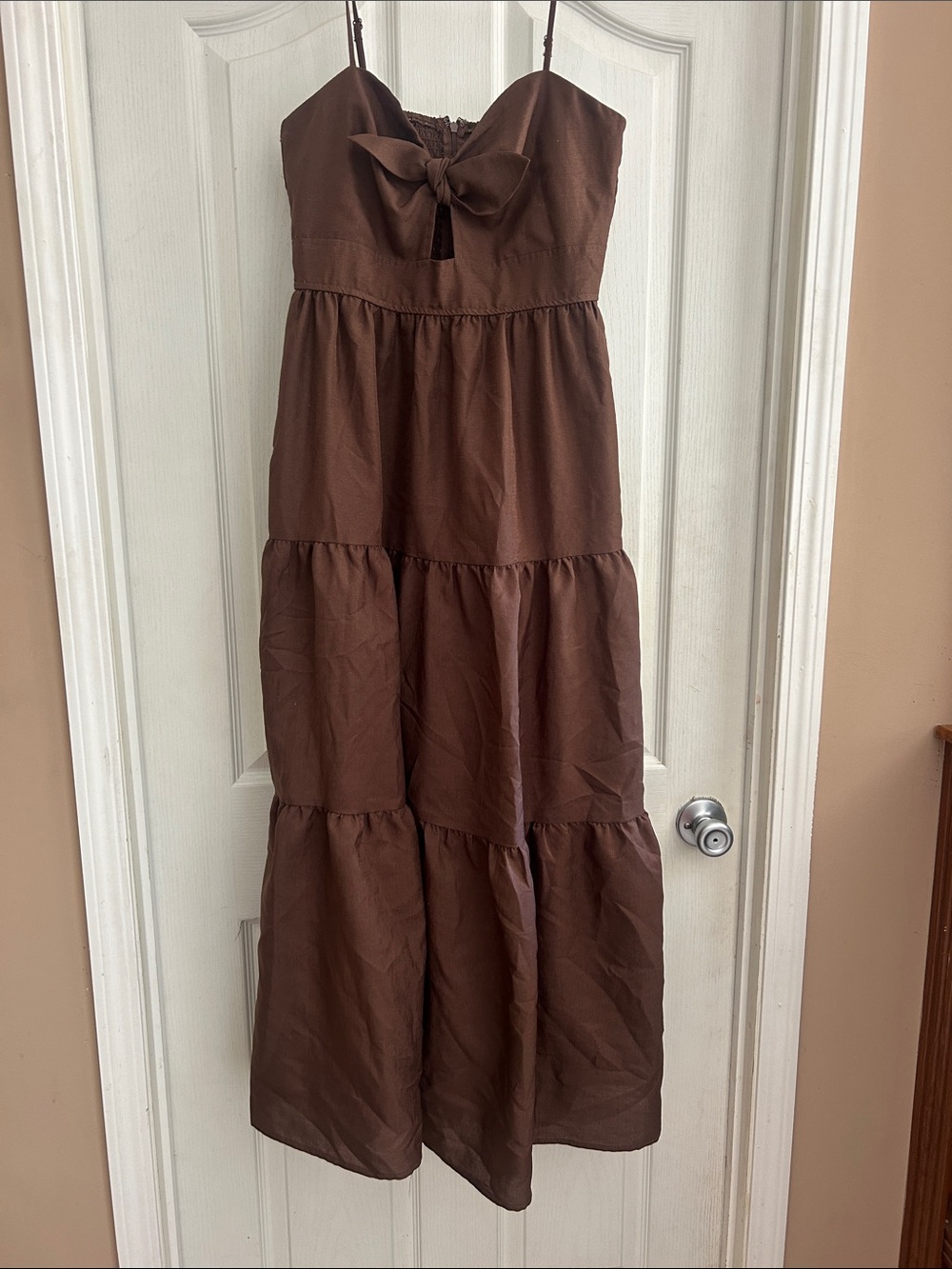 Trixxi Chocolate Brown Tiered Maxi Dress with Front Bow